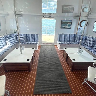 The interior of The Catallac whale watching boat in Newport Beach.