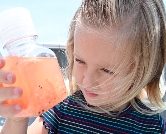 A young student examines plankton in a jar while on a marine education cruise in Newport Beach.